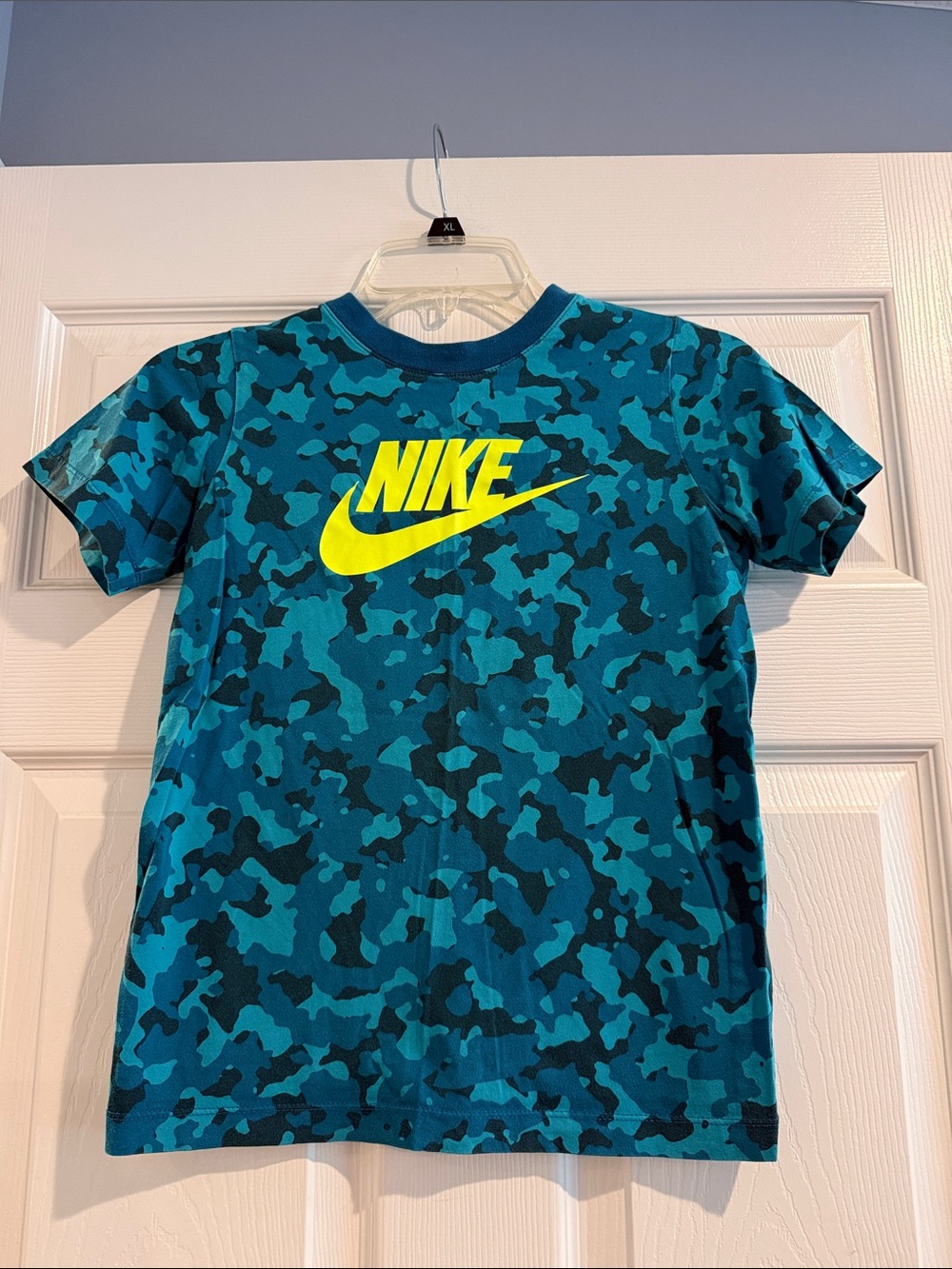 Nike Boys' Teal & Navy Camo Tee with Neon Yellow Logo